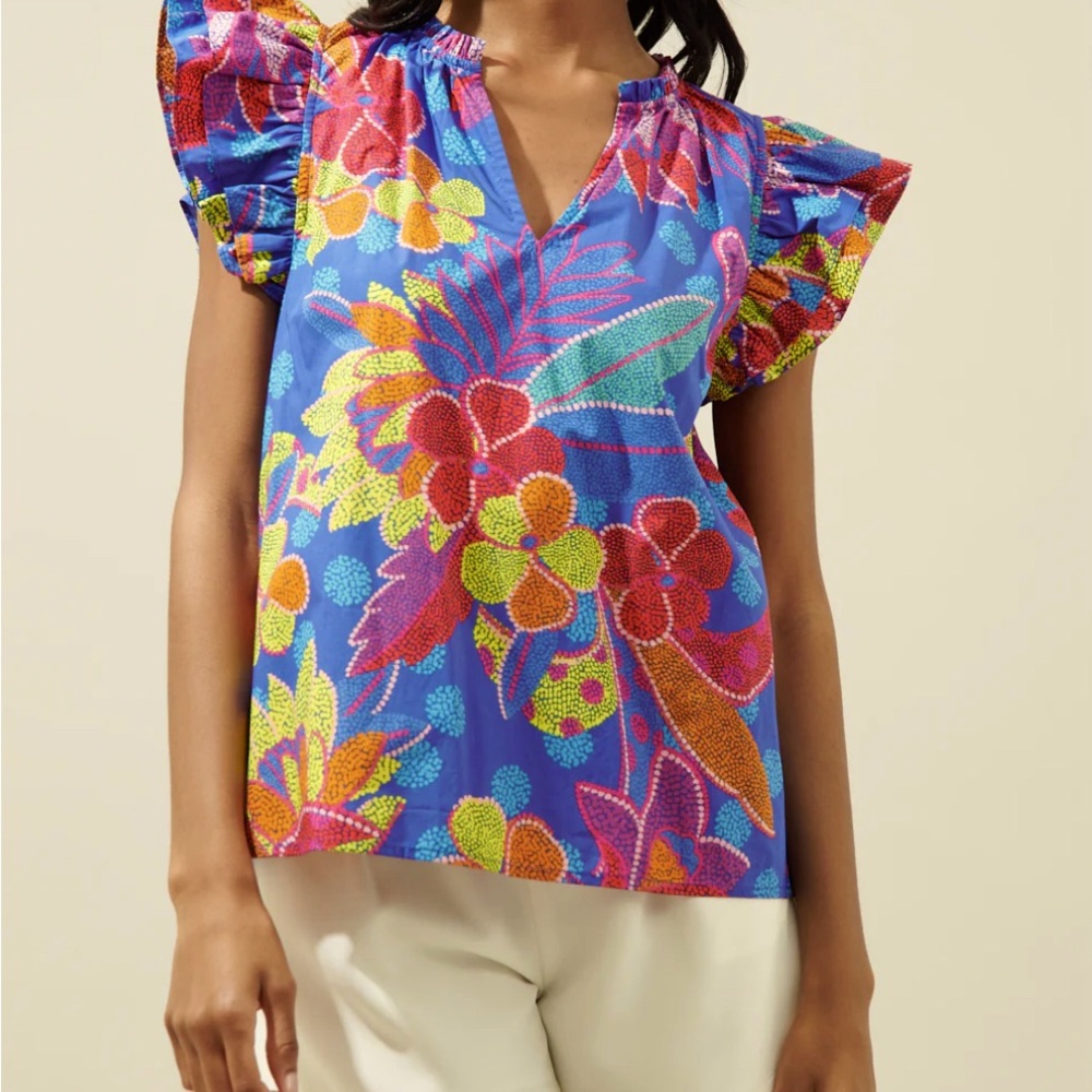 Amazonia Blue Risette Ruffle Cap Sleeve Split Neck Top. - Picture 4 of 7